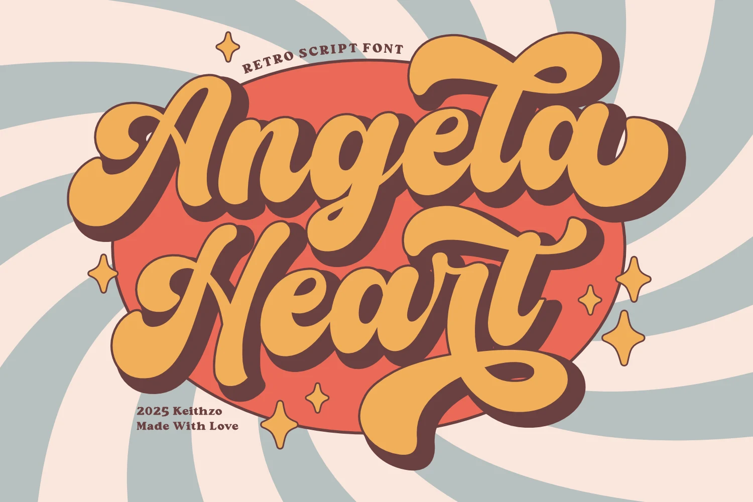 Angela Heart Font preview in chunky retro script with mustard lettering, brown shadow, and bold looping swashes