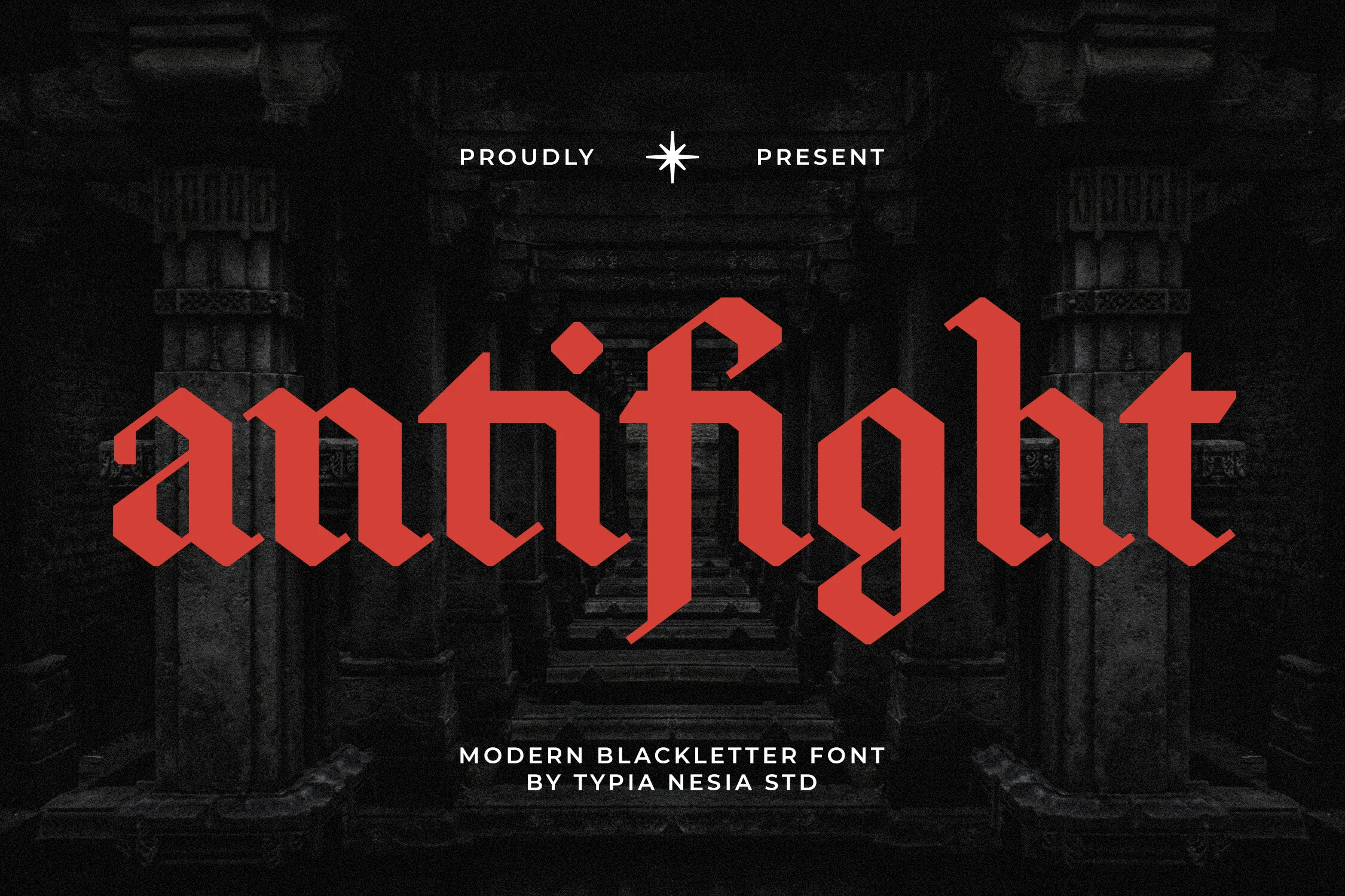 Antifight Font preview with bold red blackletter lettering and angular modern gothic shapes