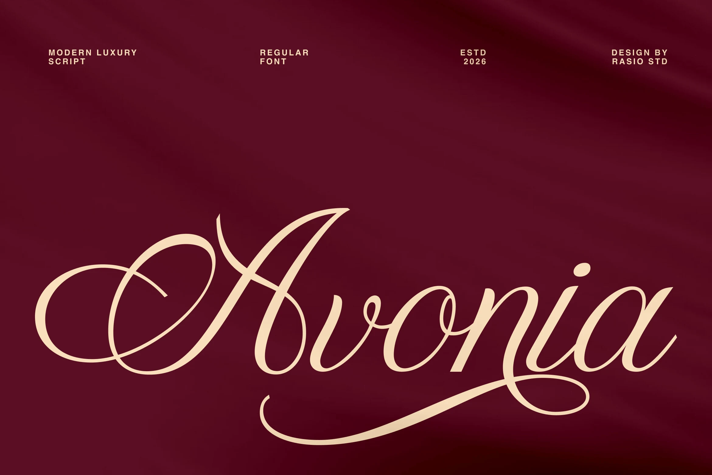 Avonia Font preview with high-contrast cream luxury script lettering and sweeping swashes