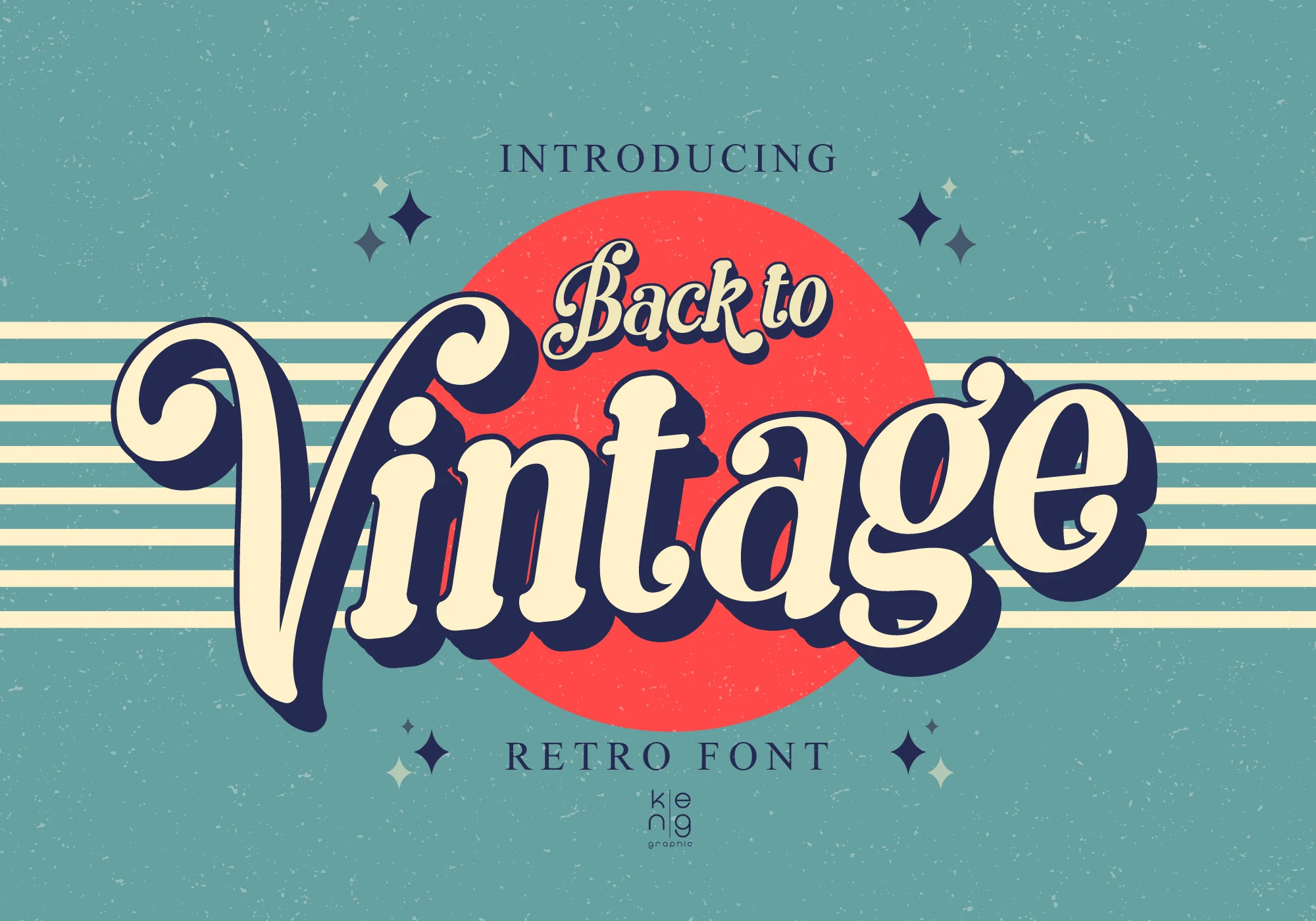 Back to Vintage Font preview with rounded retro script lettering and bold navy shadow
