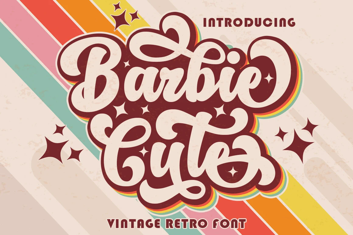 Barbie Cute Font preview with retro cream script letters, thick shadow, and swashes