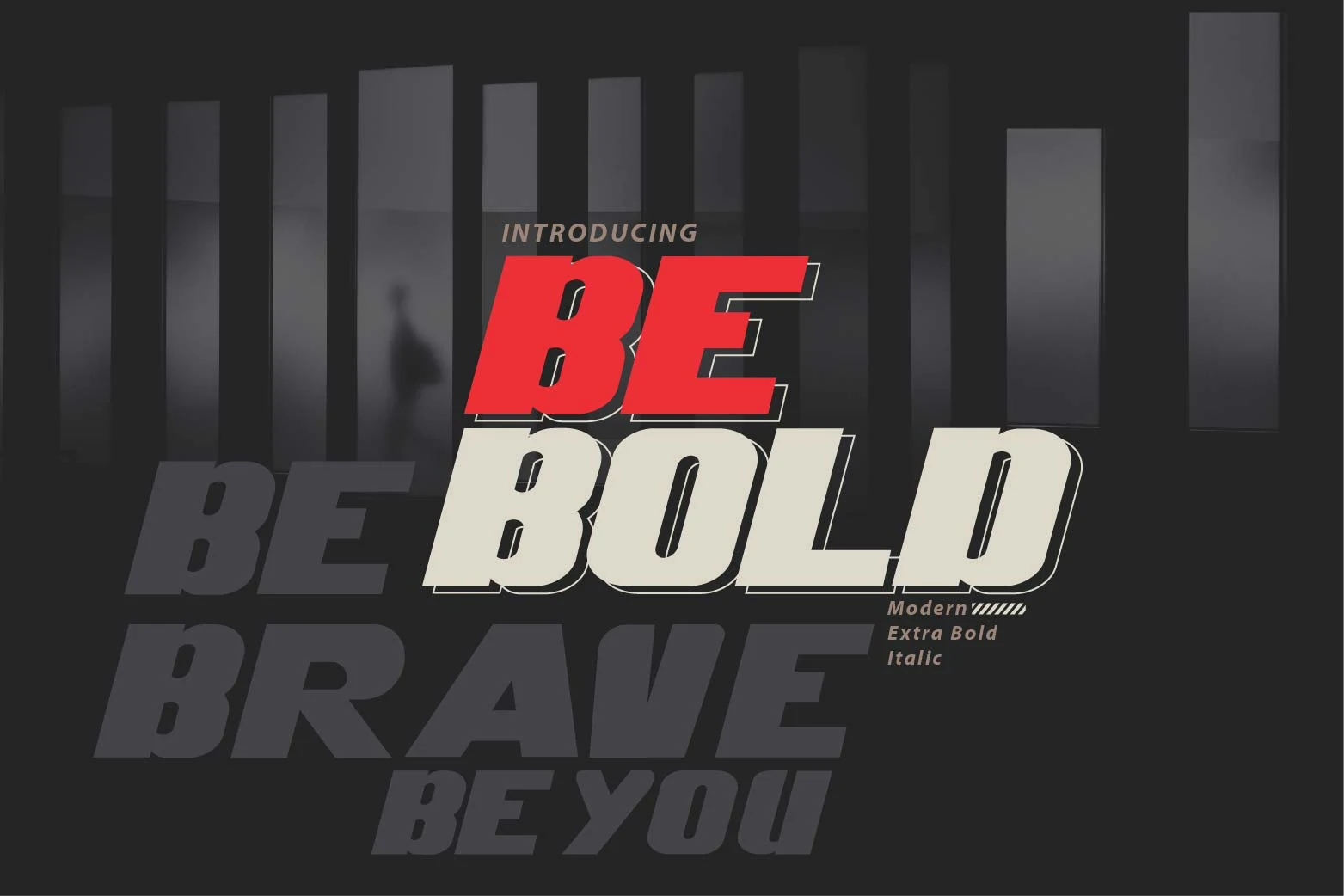 Be Bold Font preview with extra bold italic red and cream display lettering