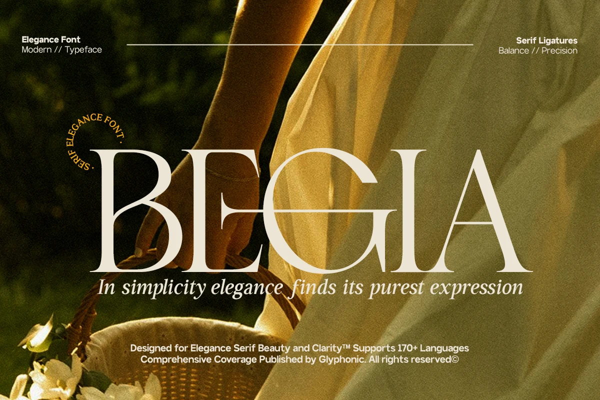 Begia Font preview with refined high-contrast serif capitals and thin elegant strokes