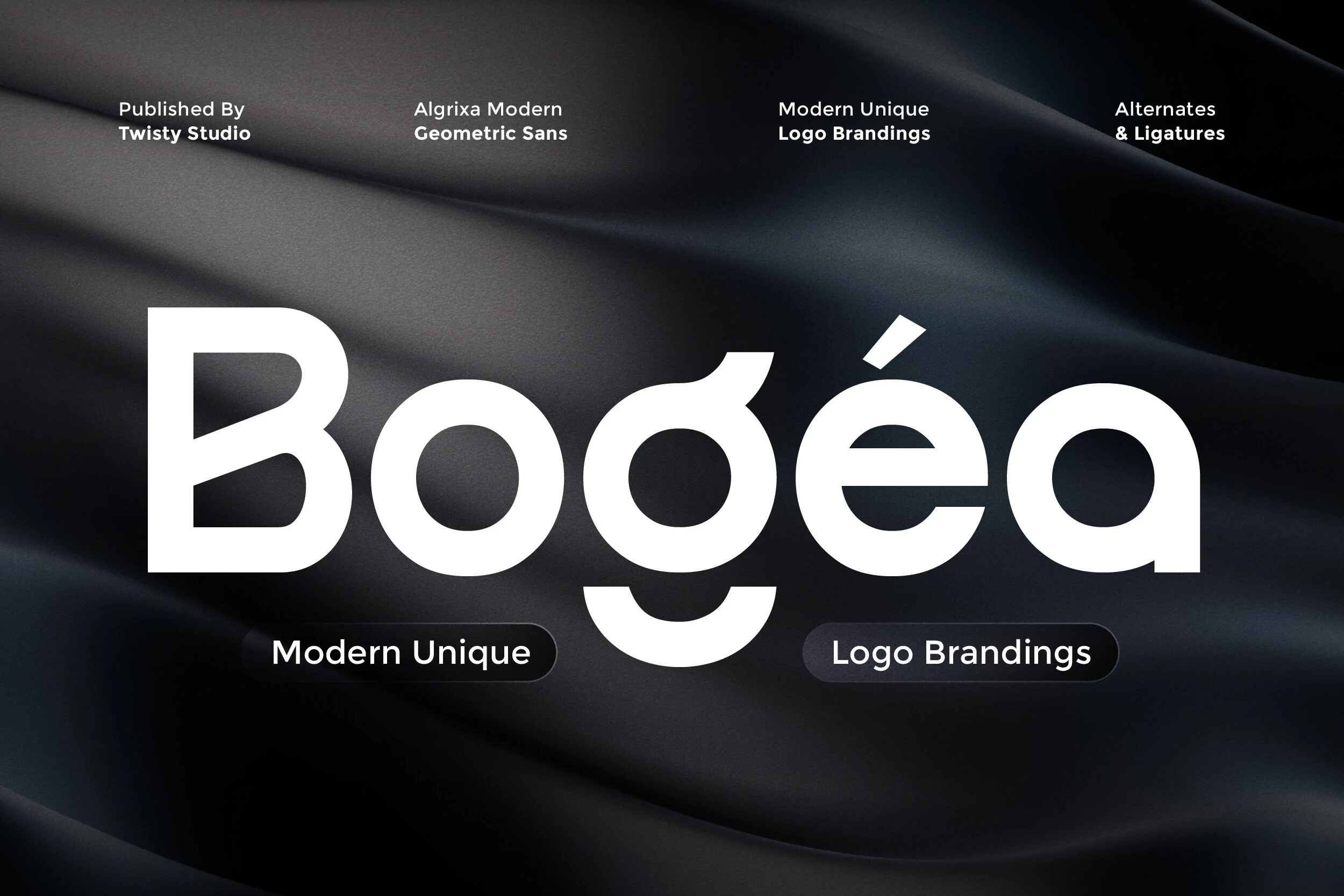 Bogea Font preview with bold geometric white sans serif lettering for logo branding