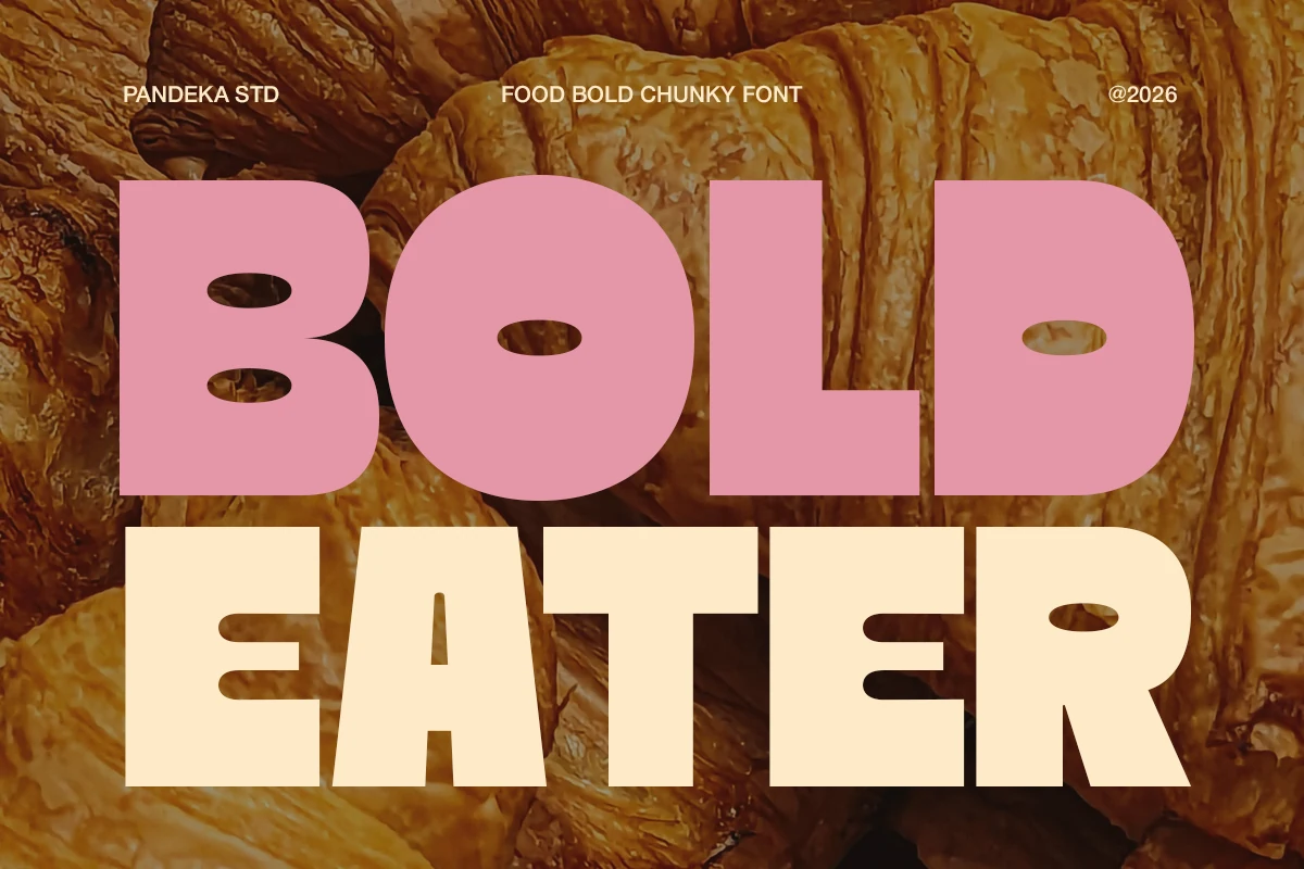Bold Eater Font preview with chunky rounded pink and cream display letters