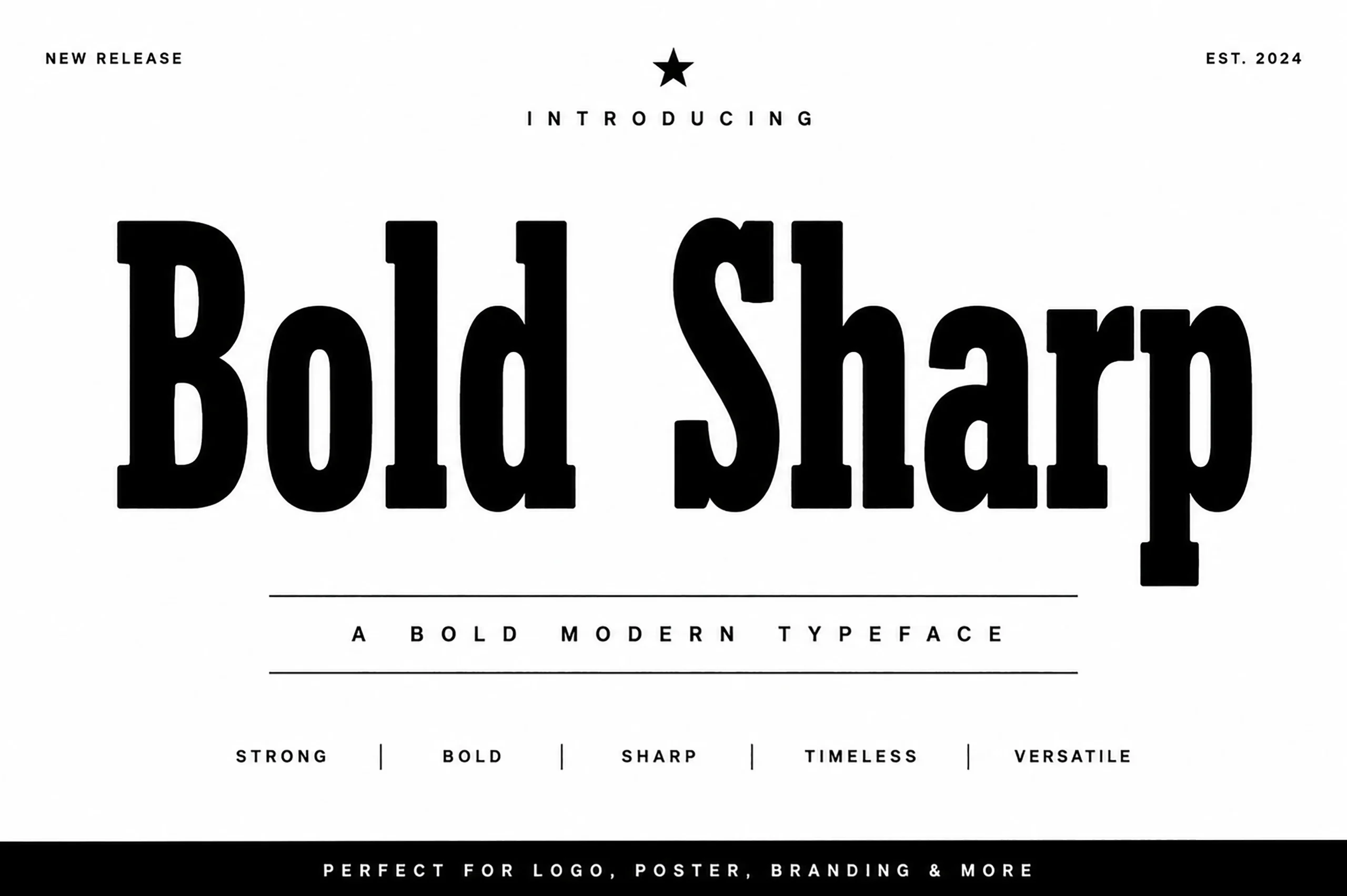 Bold Sharp Font preview with heavy black serif letters and crisp sharp cuts