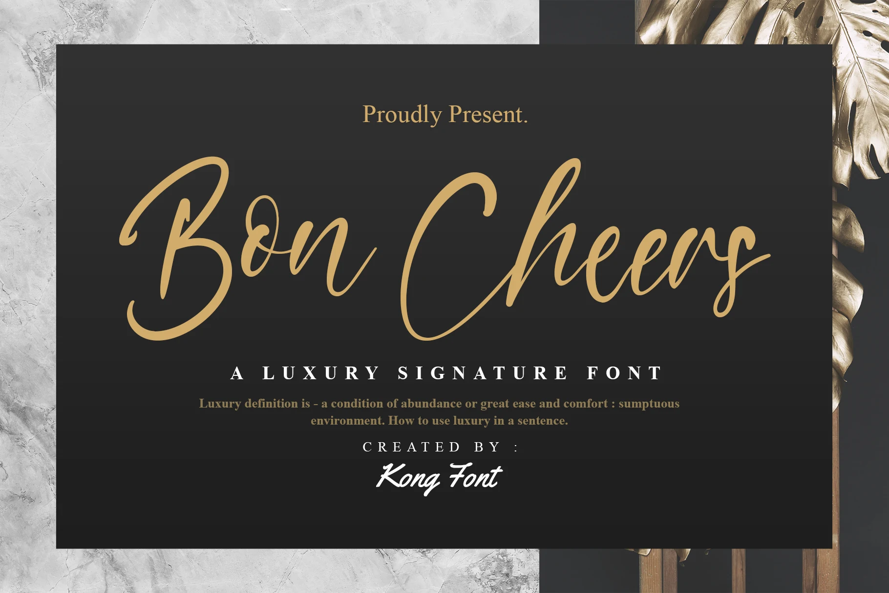 Bon Cheers Font preview in elegant gold signature script with thin sweeping strokes