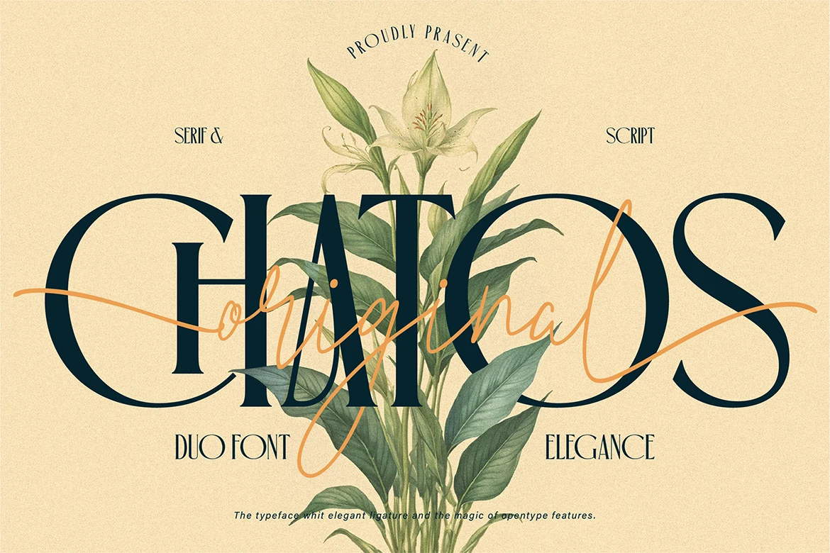 Chatos Original Font preview with elegant serif letters and flowing orange script overlay