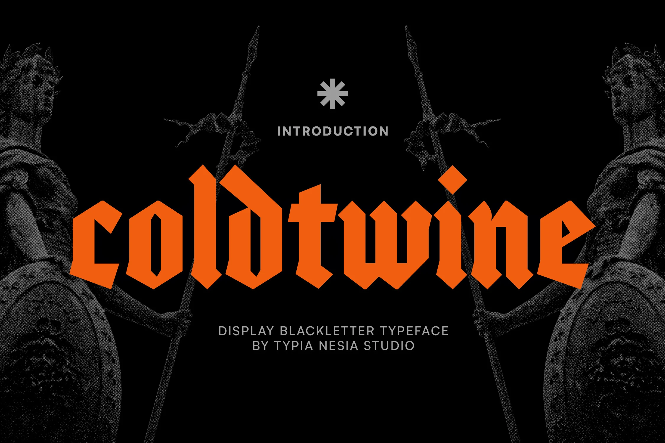 Coldtwine Font preview with bold orange blackletter lettering, angular Gothic shapes, and sharp vintage style