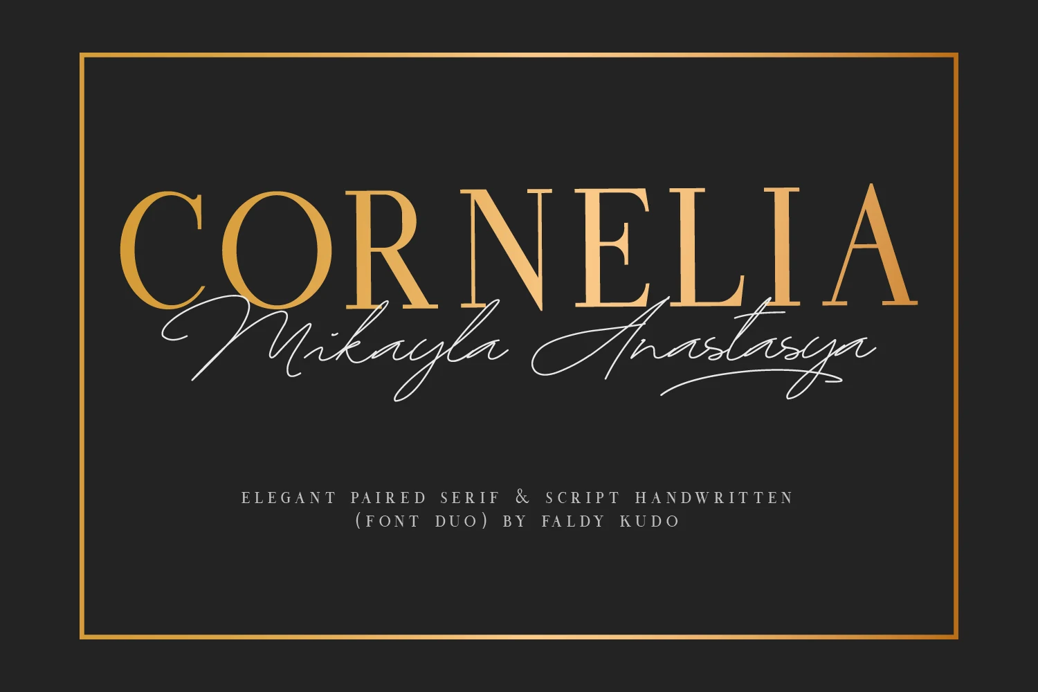 Cornelia Font Duo Font preview with gold serif title and white handwritten script