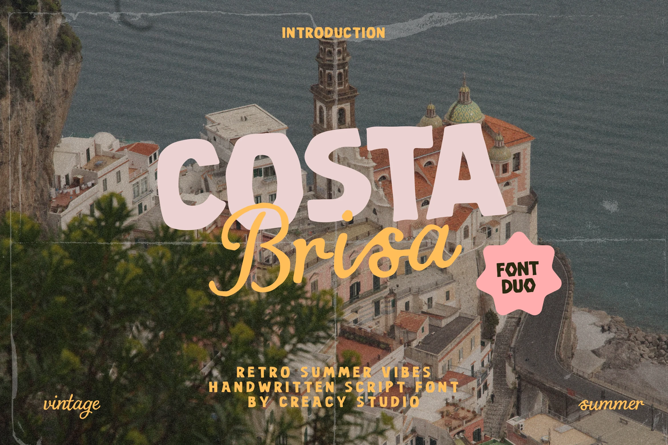 Costa Brisa Duo Font preview with chunky pink display letters and yellow script lettering