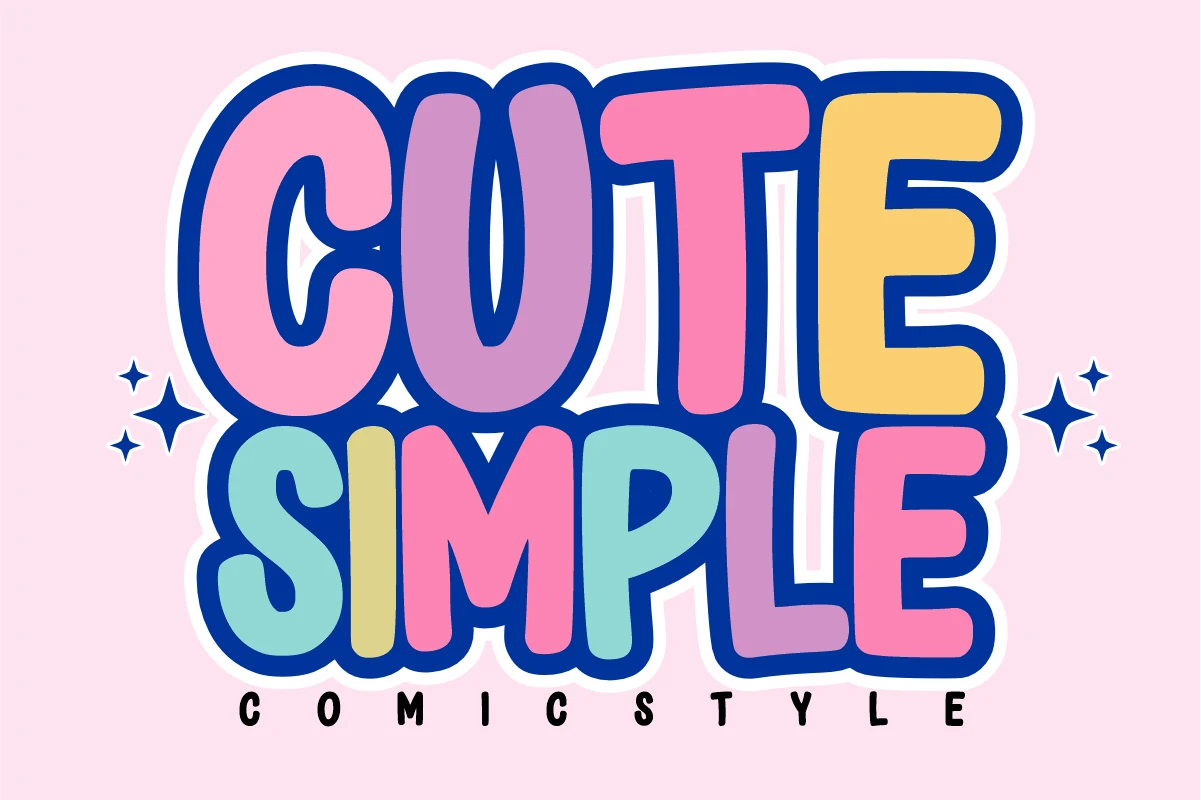 Cute Simple Font preview with chunky rounded comic lettering, thick blue outline, and pastel fills