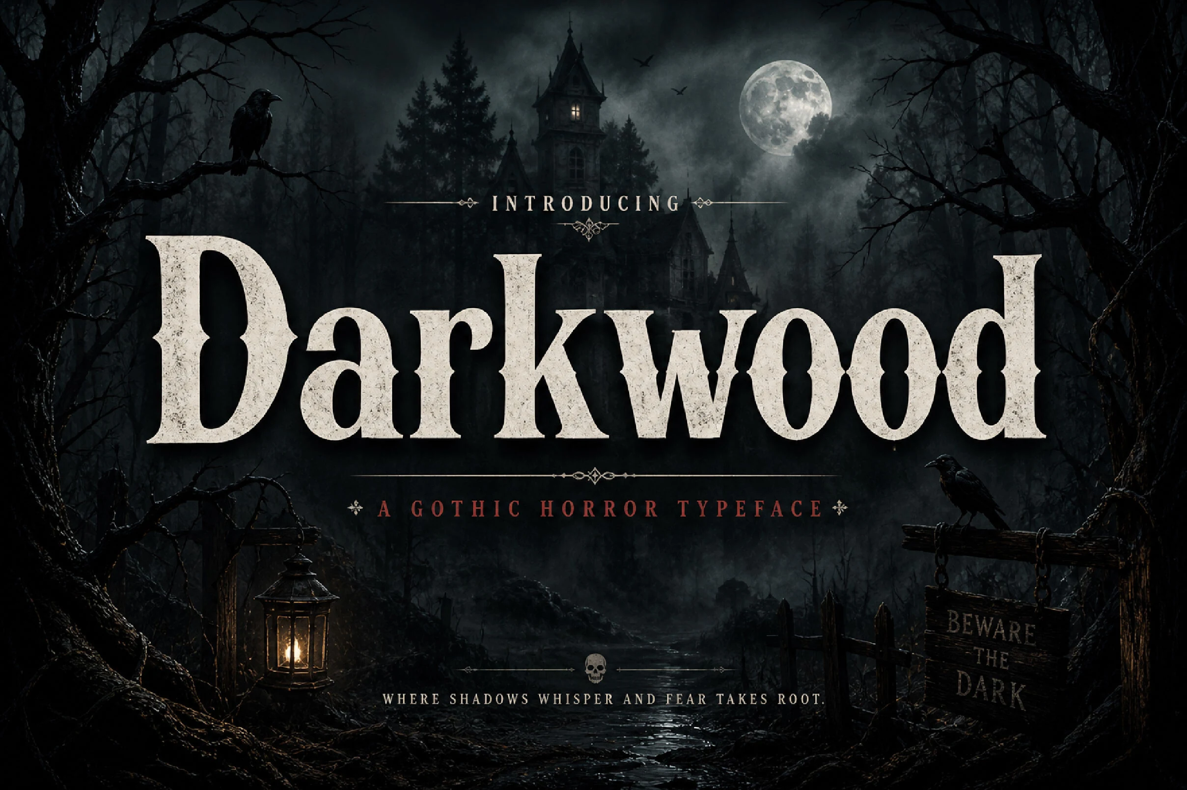Darkwood Font preview with bold vintage serif lettering and distressed white texture