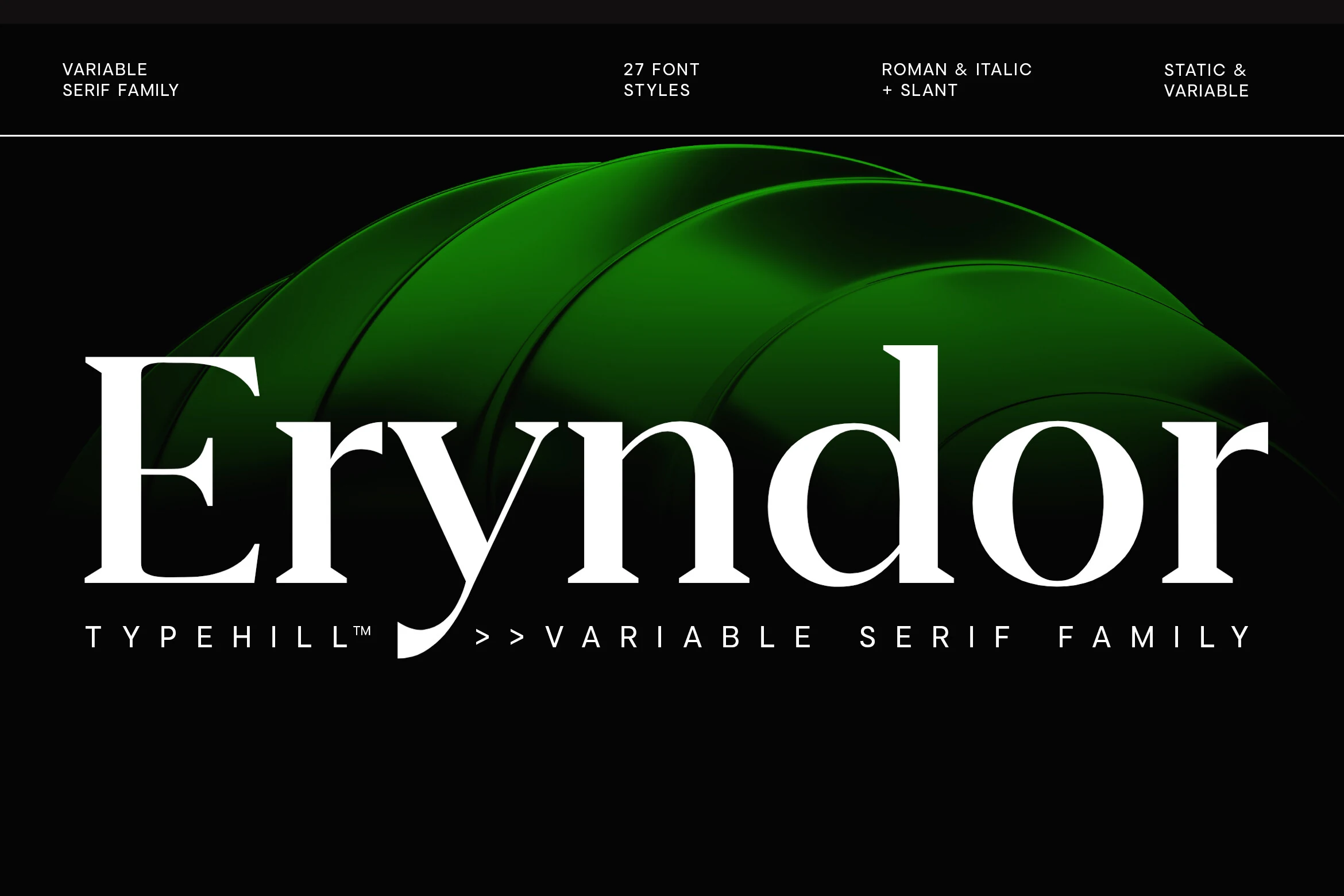 Eryndor Font preview with high-contrast white serif lettering on a black background