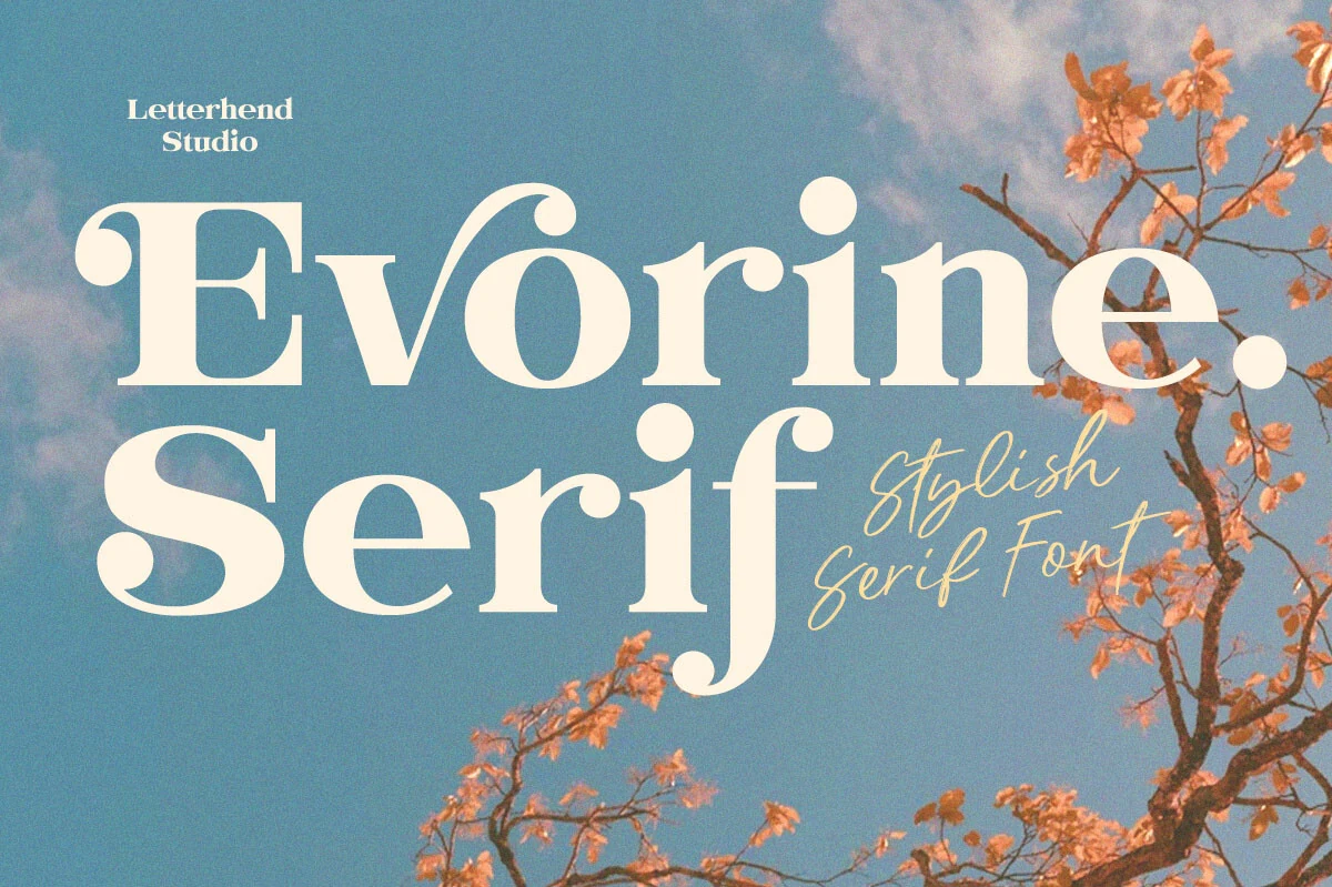 Evorine Serif Font preview with bold high-contrast serif lettering and rounded vintage curves