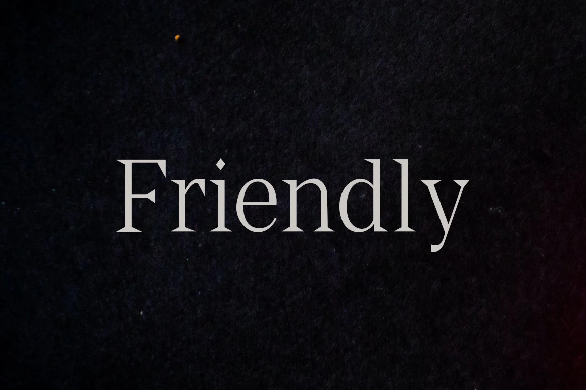 Friendly Font preview with elegant serif lettering on a dark textured background