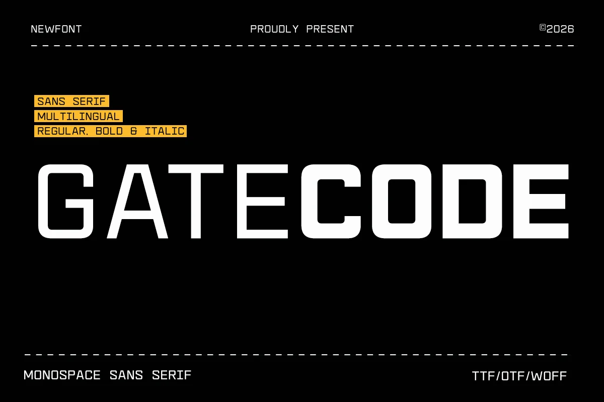 Gatecode Font preview with squared monospace sans serif lettering