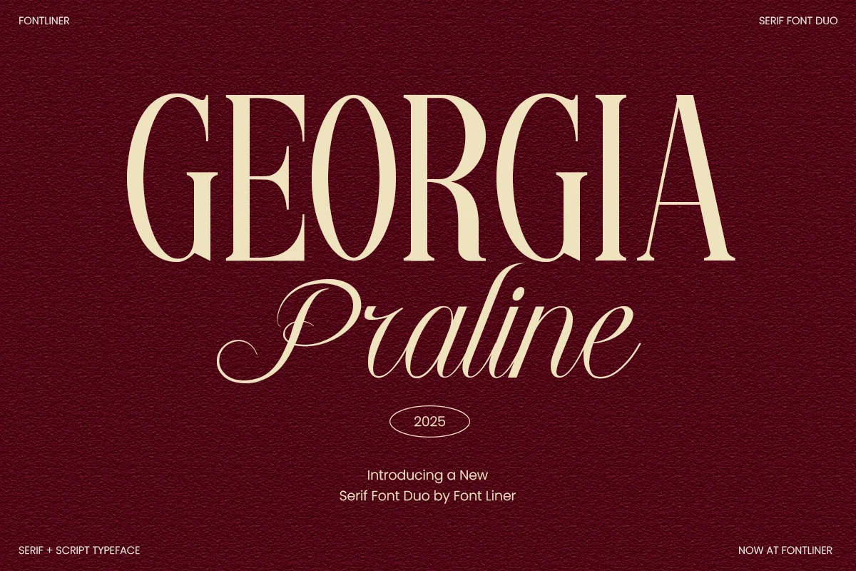 Georgia Praline Font preview with tall serif capitals and flowing script lettering