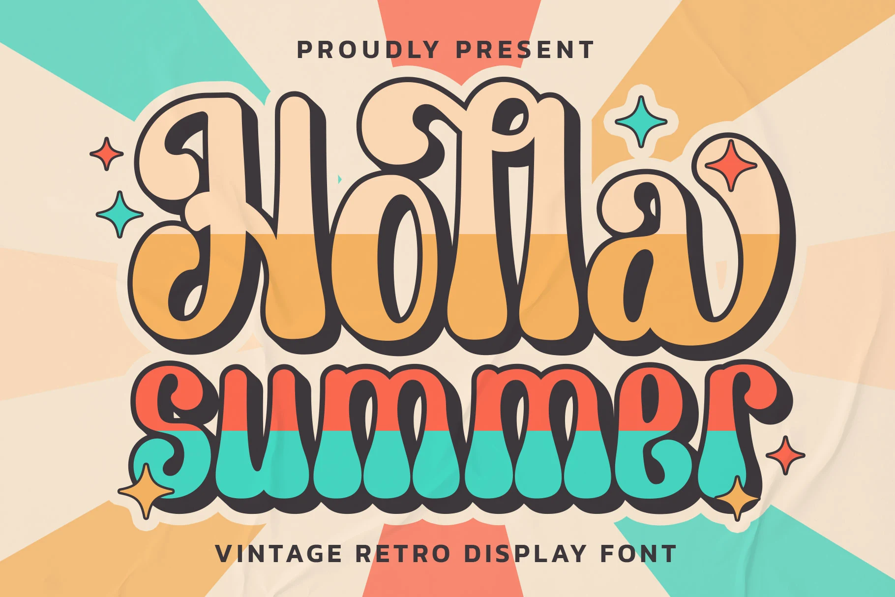 Holla Summer Font preview in chunky retro display lettering with dark outlines and coral teal fills