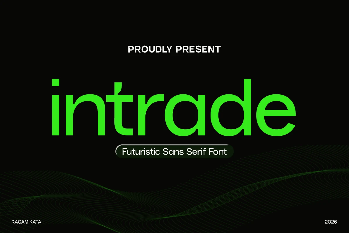 Intrade Font preview with bright green futuristic sans serif lettering