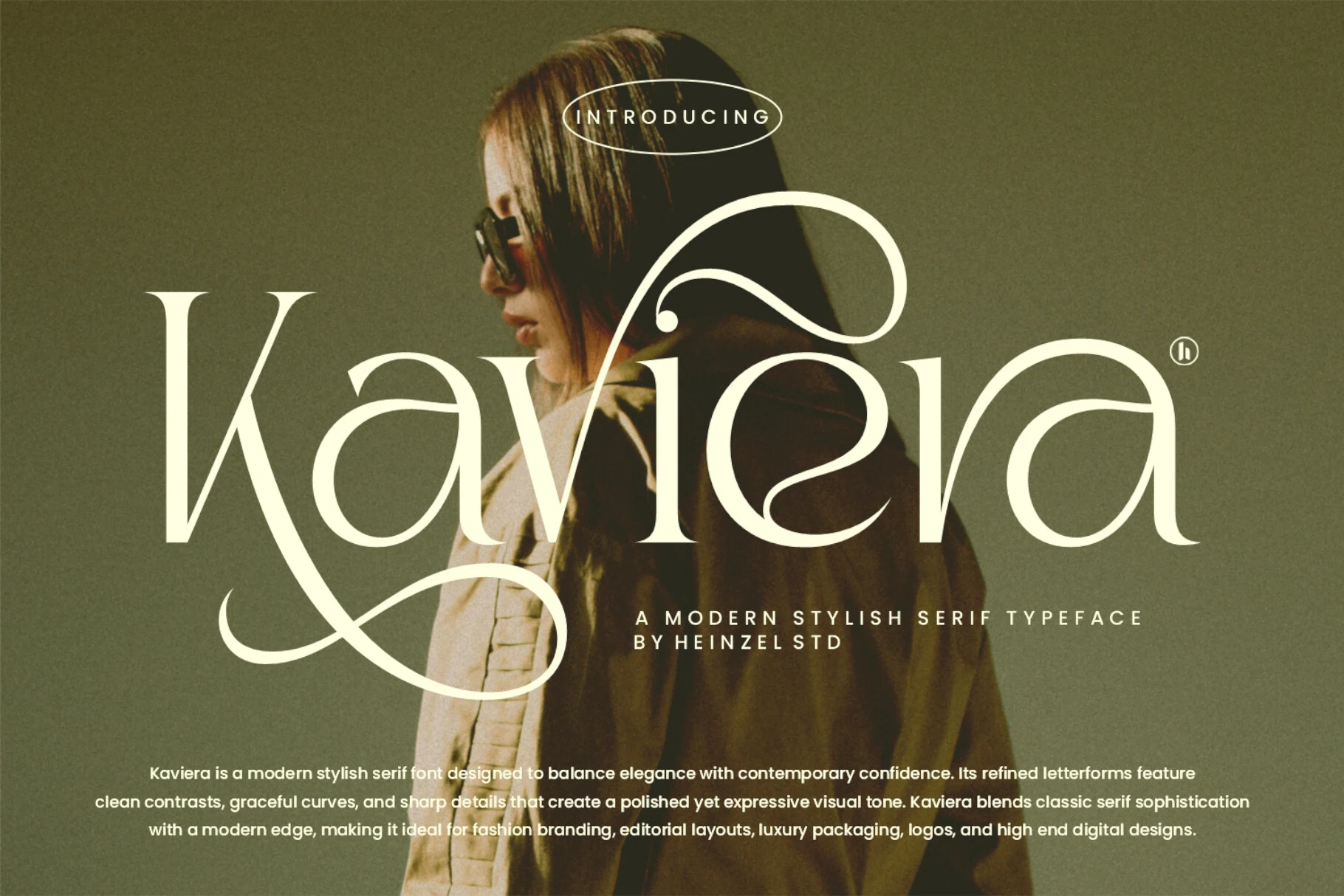 Kaviera Font preview with high-contrast serif letters and sweeping curves for Elegant Fonts
