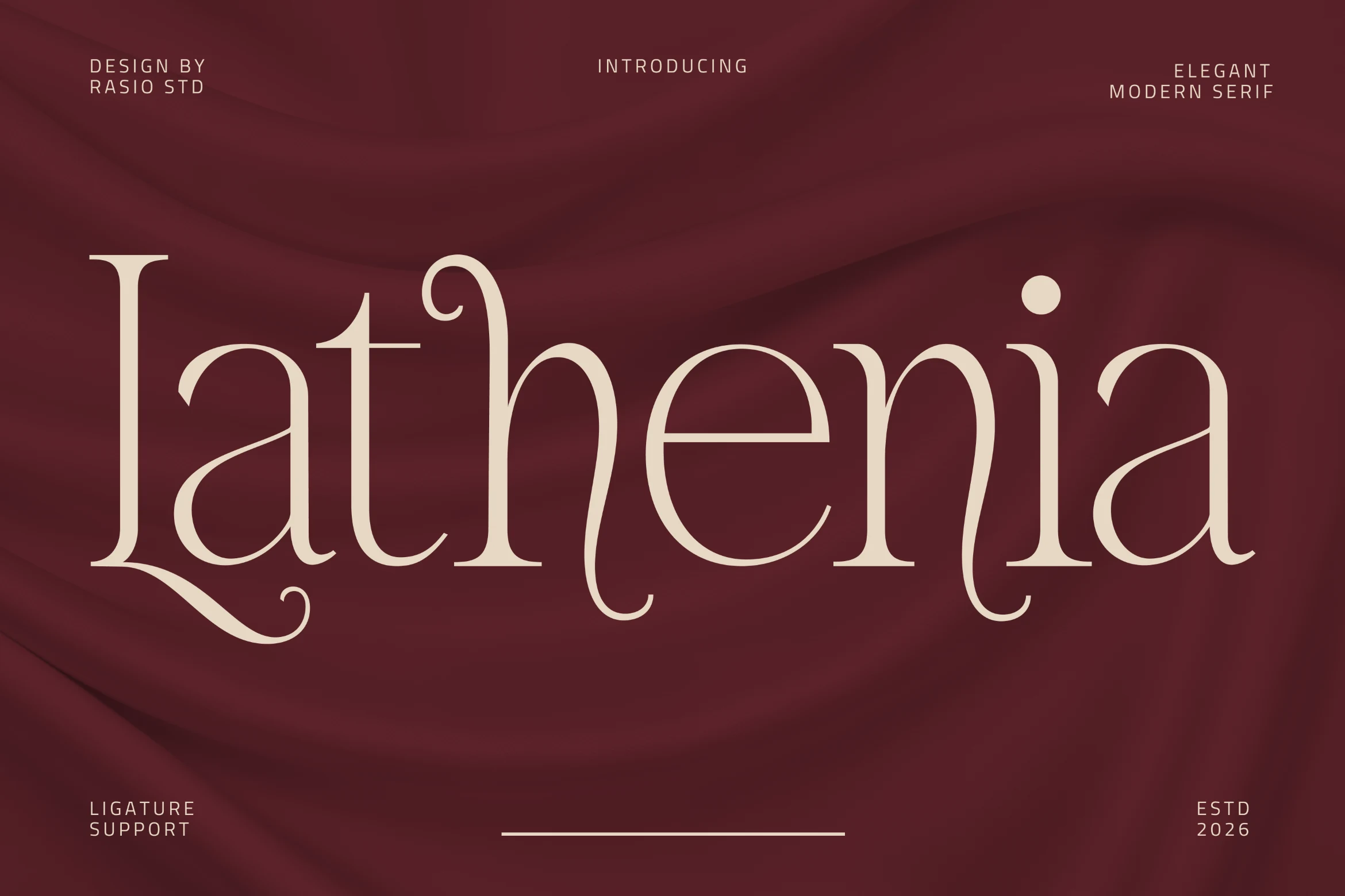 Lathenia Font preview with elegant cream serif lettering, curled ligatures, and high-contrast strokes
