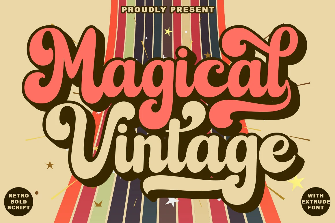 Magical Vintage Font preview with bold 70s script lettering and thick shadow