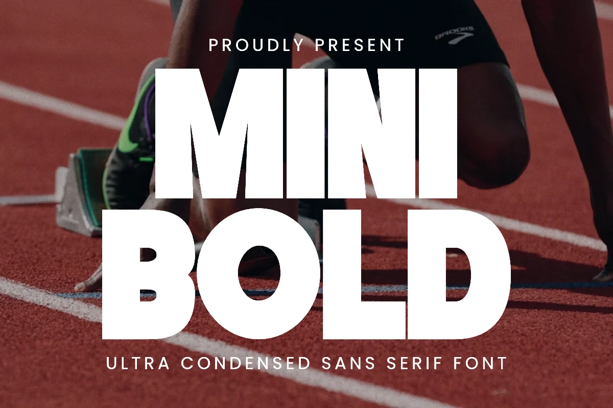 Mini Bold Font preview with tall white condensed sans serif lettering
