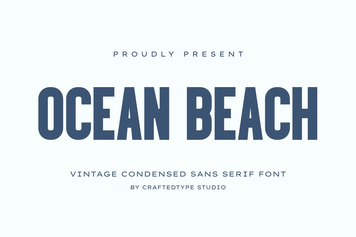 Ocean Beach Font preview with vintage condensed sans serif lettering