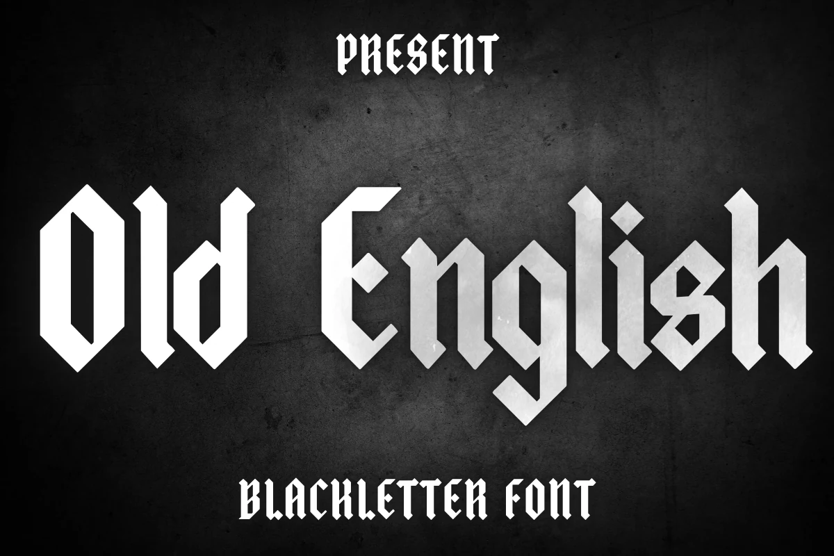 Old English Font preview with white blackletter letters and sharp gothic angles