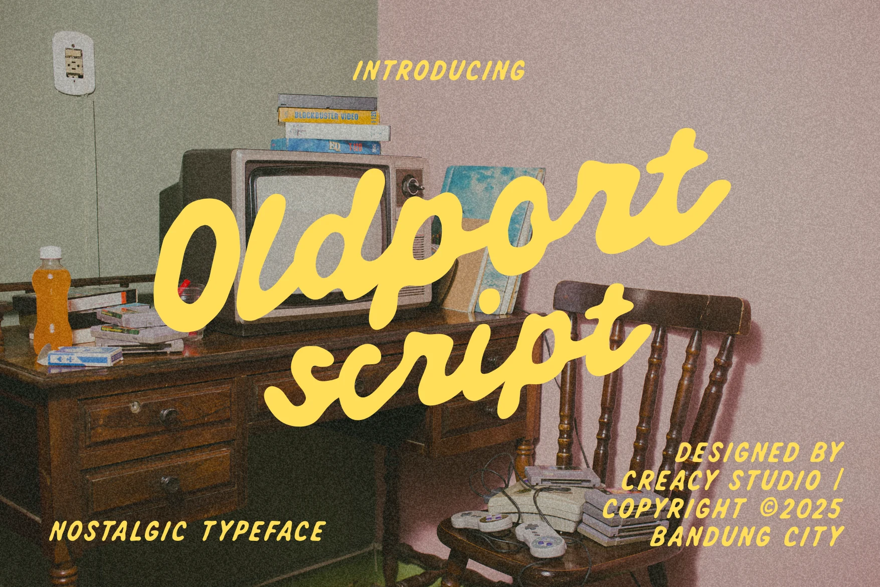 Oldport Script Font preview with chunky yellow handwritten script and rounded retro lettering