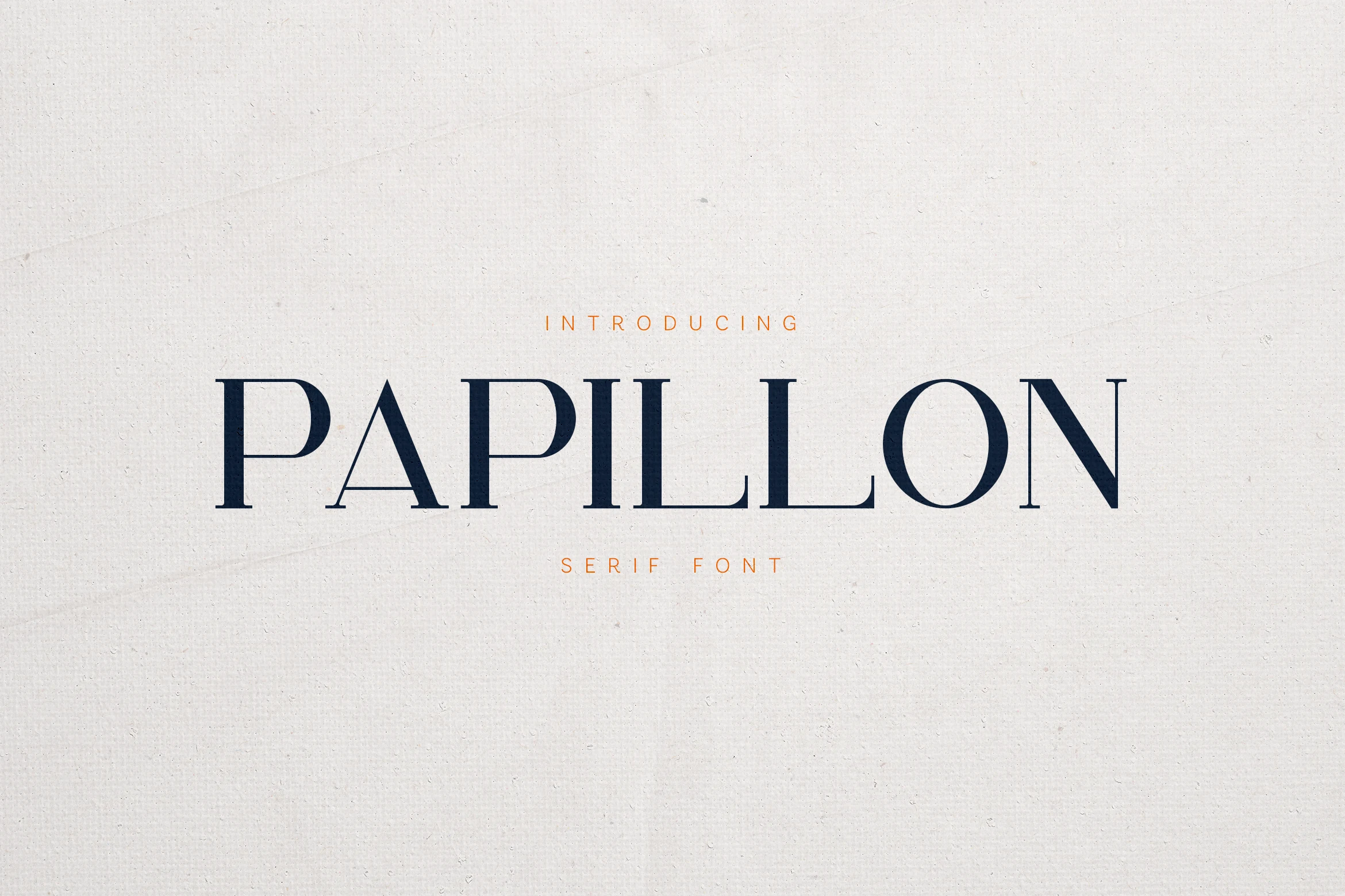 Papillon Serif – Elegant Modern Luxury Font preview with refined navy uppercase serif lettering and wide spacing