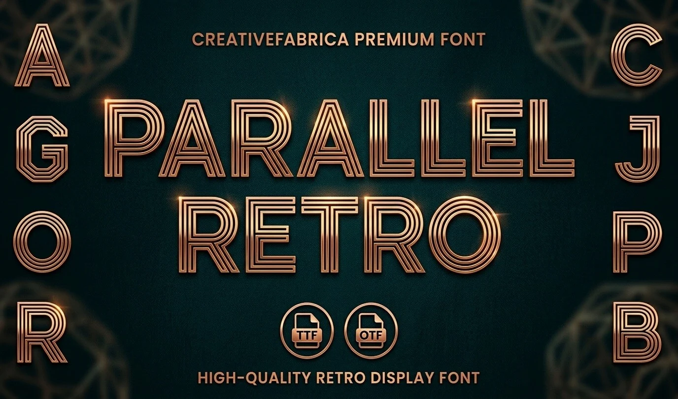 Parallel Retro Font preview with glowing copper multiline display lettering and geometric art deco shapes