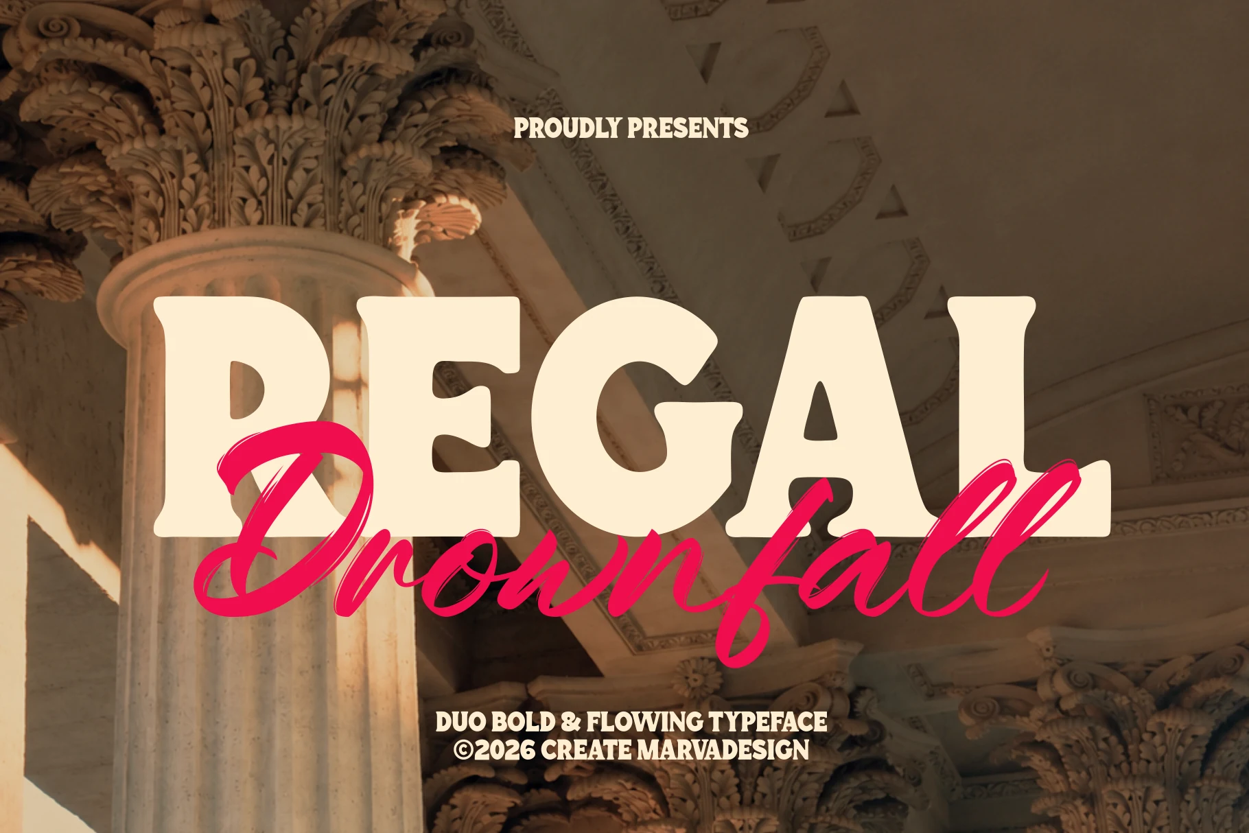 Regal Drownfall Font preview with bold cream serif letters and flowing pink script