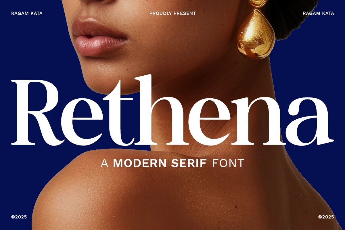 Rethena Font preview with elegant high-contrast serif lettering for beauty branding