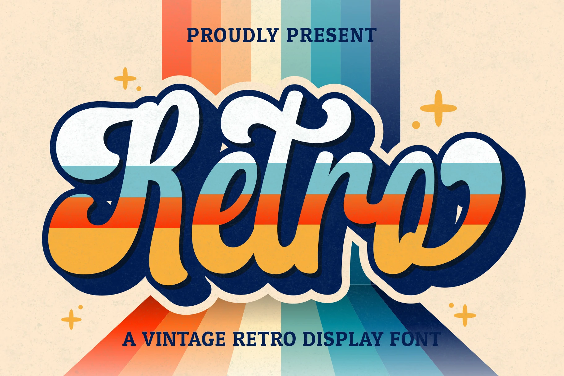 Retro Script Font preview with bold rounded script lettering, blue outline, and multicolor retro stripes