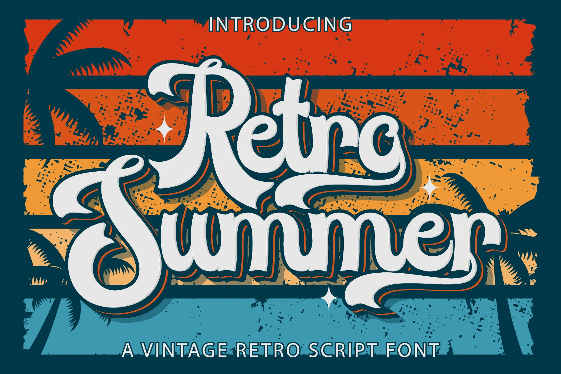 Retro Summer Font preview with bold vintage script lettering, dark outline, and long decorative swashes