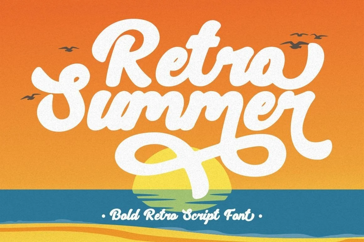 Retro Summer Font preview with bold white groovy lettering and black outline
