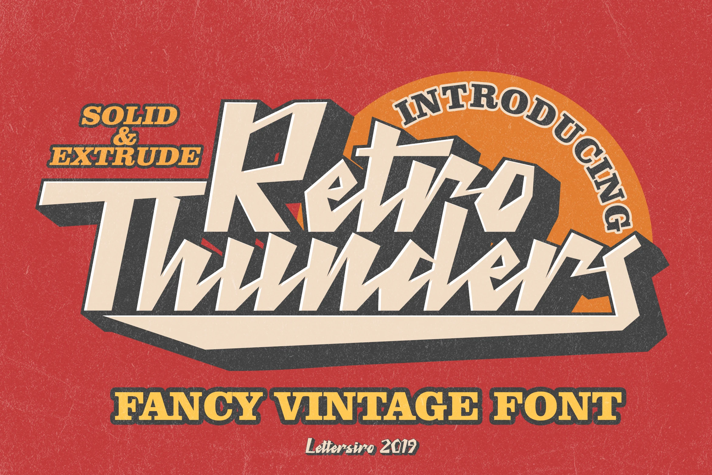 Retro Thunder Font preview with angular vintage display lettering, cream block shapes, and bold extrude shadow