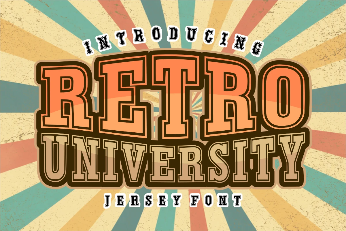 Retro University Font preview with bold varsity slab serif lettering and layered brown shadow