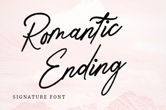 Romantic Ending Font preview with black signature script, slender loops, and flowing strokes
