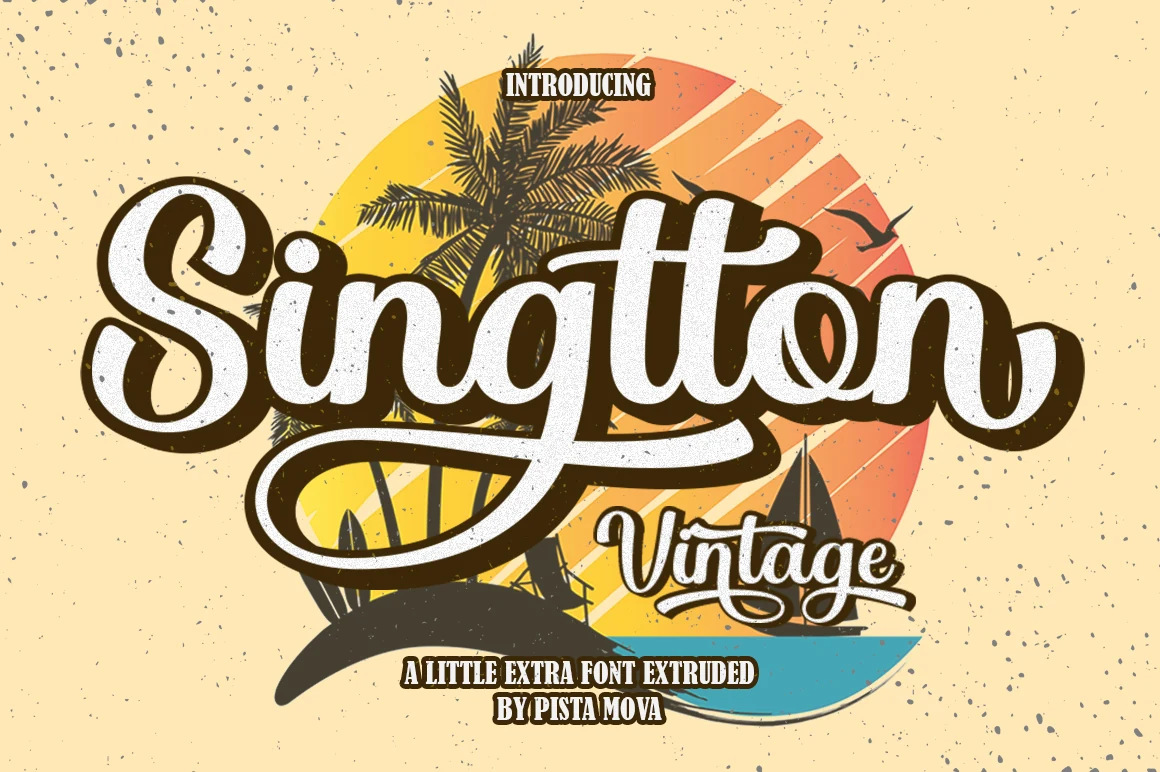 Singtton Vintage Font preview with bold retro script lettering, dark outline, and a long looping swash