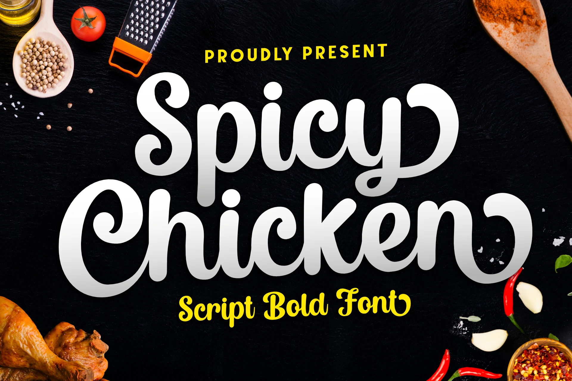 Spicy Chicken Font preview in bold white script with rounded swashes and chunky lettering