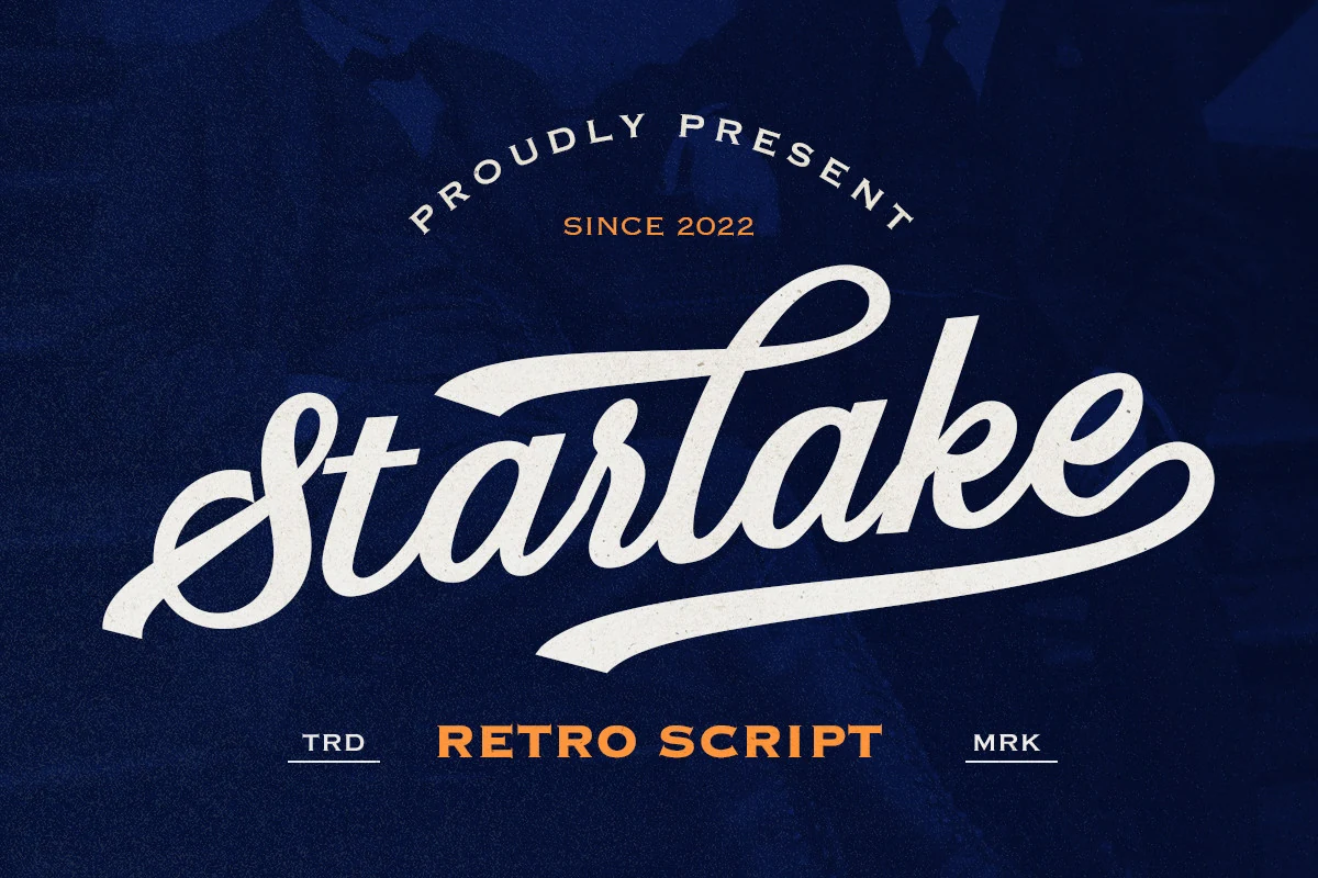 Starlake - Retro Script Font preview showing bold cream retro script lettering with rounded strokes and a long underline swash