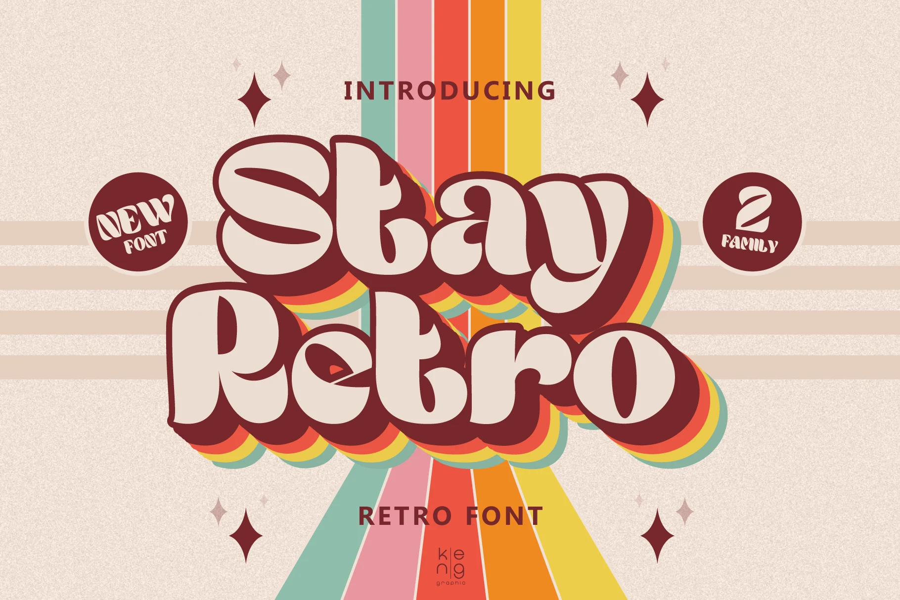 Stay Retro Font preview with rounded cream script lettering, maroon shadow, and rainbow retro stripes