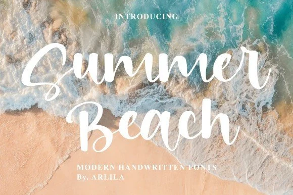Summer Beach Font preview with white handwritten script and rounded brush lettering over a beach scene