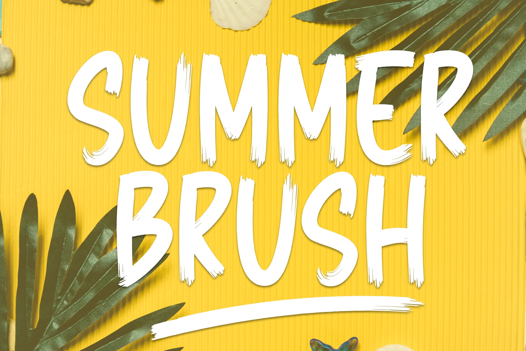 Summer Brush Font preview with tall white dry-brush uppercase lettering on a yellow background