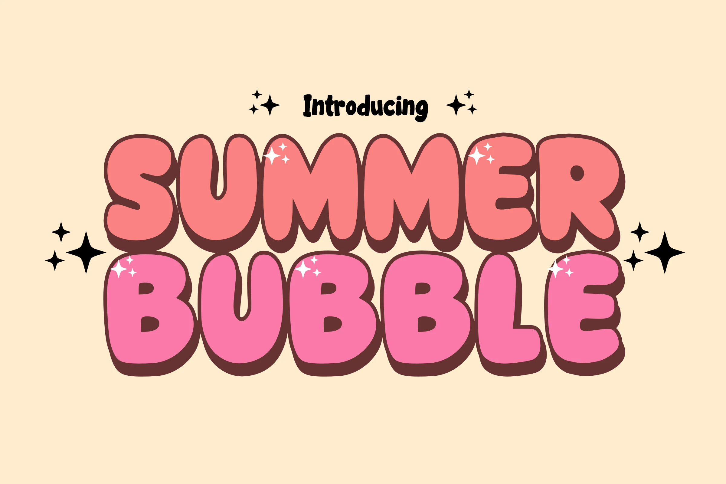 Summer Bubble Font preview with pink rounded bubble letters, dark shadow, and glossy sparkle details