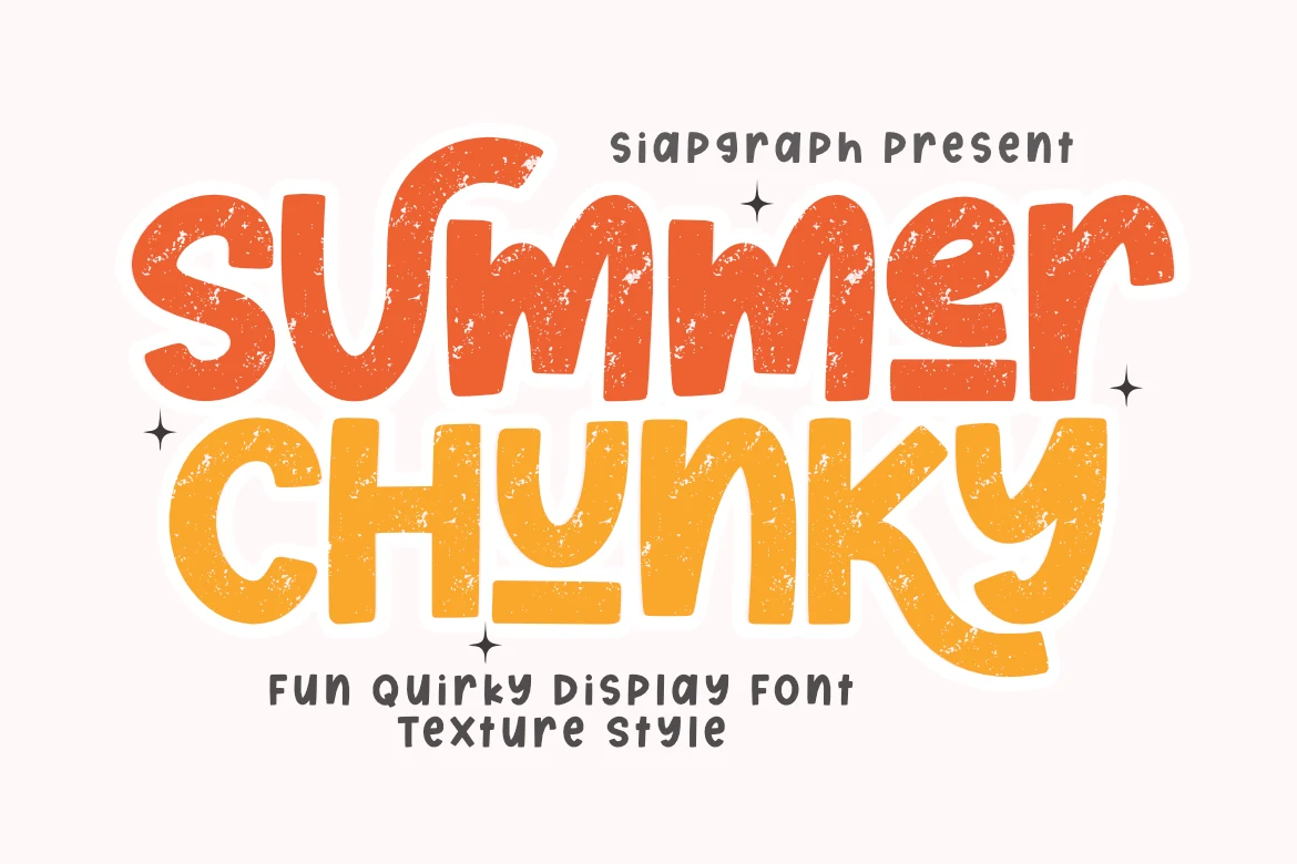 Summer Chunky Texture Font preview with distressed orange and yellow chunky display letters