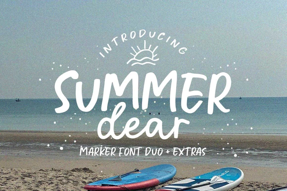 Summer Dear Font preview with white handwritten marker lettering and rounded script on a beach photo